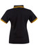A black polo shirt featuring contrasting yellow stripes on the collar and sleeves. It has a logo.