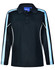 A black long sleeve polo shirt with light blue side panels and a collar, featuring a logo on the label.