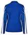 A blue long sleeve polo shirt with white accent panels and a logo on the back.