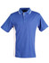 A blue and white polo shirt with a collar and short sleeves, featuring branding on the chest.