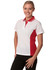 A white and red Ladies' TrueDry Contrast short-sleeve polo shirt displayed on a model, featuring a logo.