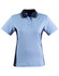 A light blue short-sleeve polo shirt with navy side panels and a collar, featuring three buttons and a logo.