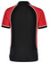 A polo shirt featuring a tri-colour design with red, black, and white accents. It includes a collar and short sleeves.