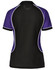 A tri-colour polo shirt in black, purple, and white with a logo on the back.