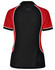 A ladies' tri-colour polo shirt featuring black, red, and white accents with a logo. The design is stylish and sporty.