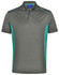 A short-sleeved polo shirt in grey with contrasting teal panels and a collar. Includes a branding logo.