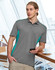 A grey polo shirt with teal contrast detailing, featuring a collar and short sleeves. It has a logo on the chest.