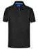 A black polo shirt with contrast blue detailing, featuring a collar and two buttons, and a logo on the label.