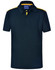 A kids' short sleeve polo shirt in navy blue with yellow contrast details and a collar. It features a logo on the chest.