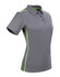 A grey ladies' short sleeve polo shirt featuring contrast green side detailing and a collar. It has a logo on it.