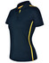 A navy short sleeve polo shirt with contrasting yellow side panels and a collar, featuring a logo.