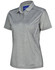 A grey ladies' short sleeve polo shirt featuring a subtle sheen and a logo on the collar.