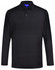 A black long-sleeve polo shirt with a collar and buttons, featuring a logo on the chest.
