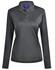 A long-sleeved polo shirt in dark grey with a collar and button placket, featuring a logo.