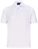 A white men's sustainable poly/cotton short-sleeve polo shirt featuring a collar and buttons, with a logo on the chest.