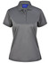 A grey ladies' short-sleeve polo shirt made from sustainable poly/cotton, featuring a collar and buttons, with a logo.