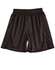 Black kid's soccer shorts with an elastic waistband and pinstripe design. Features a logo on one side.