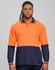 A long-sleeve safety polo shirt in bright yellow and navy blue, featuring a pocket and a logo.