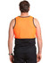 A safety singlet featuring a bright orange upper section and black lower portion, with a logo displayed.