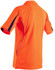 A high-visibility short-sleeve polo shirt in bright orange, featuring a logo and contrasting panels.
