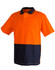 An orange and navy two-tone safety polo shirt with a chest pocket and a logo.