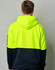 A hi-vis two-tone kangaroo pocket hoodie in bright yellow and navy, featuring a hood and a side zip pocket.