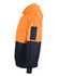 A two-tone kangaroo pocket hoodie in high-visibility orange and navy, featuring a logo on the arm.