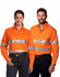A pair of individuals wearing bright orange long-sleeve drill shirts featuring 3M reflective tapes.