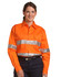 Men's long-sleeve drill shirt in bright orange with reflective 3M tape, featuring two chest pockets and a logo.