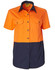 A short-sleeved safety shirt in bright orange and navy blue, featuring two chest pockets and a logo.