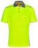 A bright yellow Hi-Vis polo shirt with grey accents and a chest pocket, featuring a logo.