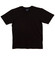 A black kids' t-shirt with a round neck and short sleeves. It features a branded tag inside the collar.