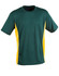 A green and yellow kids' short-sleeve T-shirt with a contrasting side panel and a logo on the label.