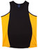 A black and yellow men's singlet with a contrast mesh design and a tag inside. It features a logo on the label.