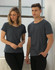 A women's and men's short-sleeve T-shirt in cool heather grey, featuring a logo on the shirt.