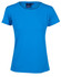 A bright blue women's cooldry stretch T-shirt with a fitted cut and short sleeves, featuring a logo on the label.