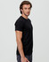 A black premium cotton men's T-shirt displayed on a model, showing a side view. The shirt features a logo.