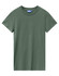 A green ladies' premium cotton t-shirt with a round neckline and short sleeves, featuring a branding label.
