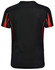 A black short-sleeved T-shirt with red accents and a logo on the back.