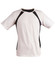 A men's premier tee shirt in white and black with short sleeves and a sleek design. It features a logo.