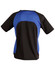 A black and blue men's t-shirt with a sporty design and a logo on the back.