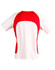 A men's t-shirt with a white body and red accents, featuring a sporty design and a logo on the front.