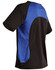 A men's t-shirt featuring a black body and blue mesh paneling at the back. It has a logo on it.