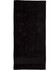 A black terry velour beach towel measuring 75x150 cm, featuring a simple design and a logo.