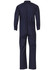 A navy blue men's cotton drill coverall with long sleeves and a fitted waist, featuring a logo.