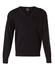 A black V-neck wool and acrylic knit jumper, featuring long sleeves and a ribbed hem. The product has a logo.