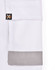 A set of unisex cargo work shorts in white, featuring a grey cuff and a logo on the pocket.