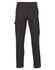 A pair of regular fit black cargo pants with drill pant pockets on the legs and a logo present.