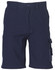 A pair of navy blue cargo shorts featuring side pockets and a button closure, with a logo on the waistband.