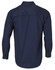 A navy long-sleeve cotton work shirt with a back yoke and buttoned cuffs. Features a logo.